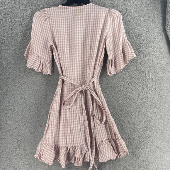 Reformation Dress Womens Small Pink Gingham Linen Wrap Ruffle Mini USA - Picture 14 of 15